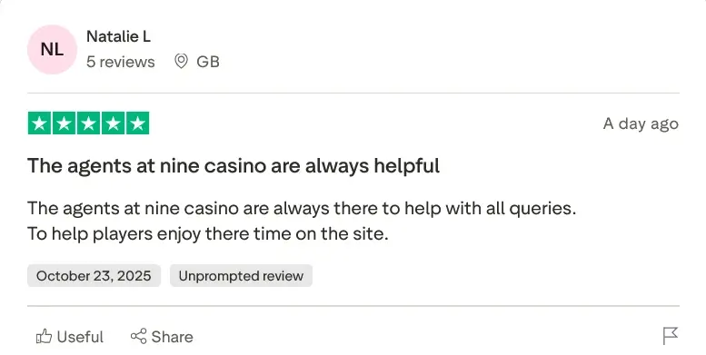 A screenshot of a 5-star online review for Nine Casino from a user named Natalie L. The review, posted on October 23, 2025, is titled "The agents at nine casino are always helpful" and commends the helpfulness of the support agents.