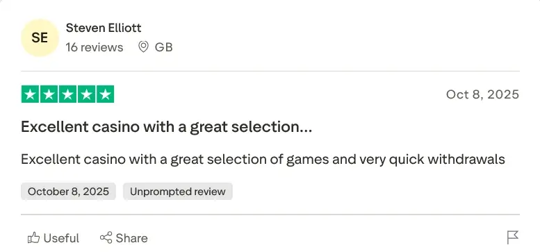 A screenshot of a 5-star online review from Steven Elliott, posted on October 8, 2025. The review is titled "Excellent casino with a great selection..." and praises the "great selection of games and very quick withdrawals."